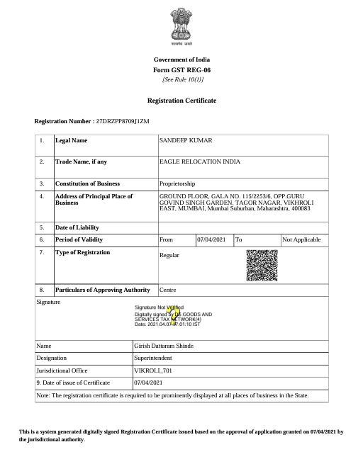 GST Registration Certificate of Eagle Packers and Movers
