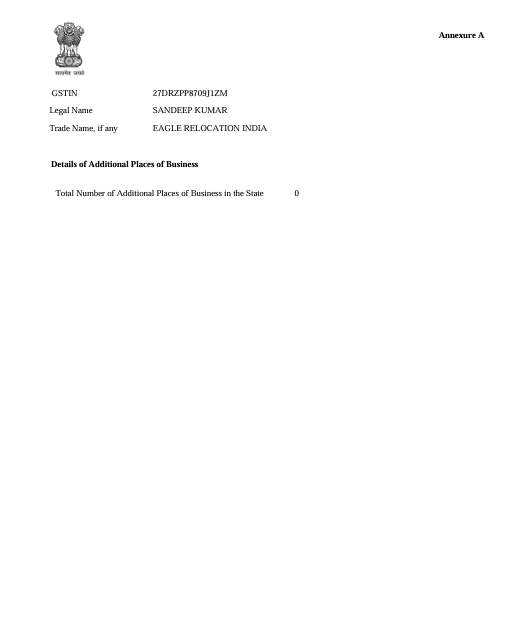 GST Registration Certificate of Eagle Packers and Movers