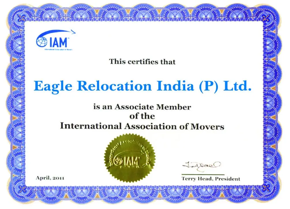 International Association of Movers (IAM) Membership Certificate of Eagle Packers and Movers
